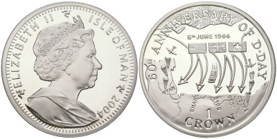Остров Мэн 1 крона 2004 60 лет Высадке в Нормандии KM 1222a серебро PROOF 1530-1415