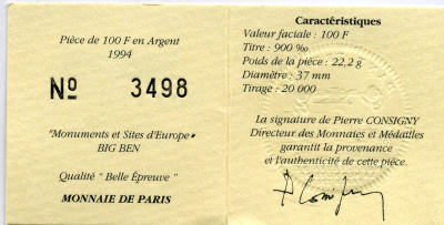 Франция 100 франков - 15 экю 1994 серия архитектурные монументы Европы (Биг Бэн в Лондоне), в коробке с сертификатом KM 1070 серебро  PROOF  5-6-1-38