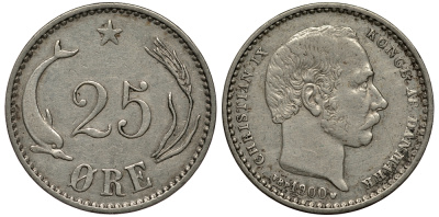 Дания 25 эре 1900 VBP, Кристиан IX (1863-1906) KM 796.2 серебро 100-734