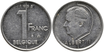 БЕЛЬГИЯ 1 ФРАНК 1998 BELGIQUE, АЛЬБЕРТ II (1993-) KM 187 железо плакированное никелем 99-1233