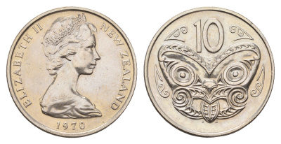 Новая Зеландия 10 центов 1970 Елизавета II (1952-2022), птичка киви, тираж 30.000 экземпляров KM 41 медно-никель BU 87-351