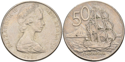 Новая Зеландия 50 центов 1981 Елизавета II (1952-2022), парусник Индевор KM 37.1 медно-никель 4131-1224