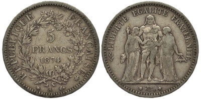 Франция 5 франков 1874 А, Геракл с богинями равенства и братства KM 820.1 серебро    1530-1021