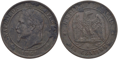 Франция 10 сантимов 1861 K, Наполеон III (1852-1870) KM 798.3, Le Franc 134.4 бронза 97-1036