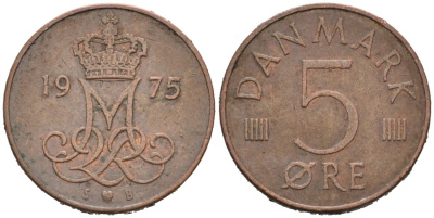 Дания 5 эре 1975 S; B, Маргрете II (1972- ) KM 859.1 сталь плакированная медью 4564-839