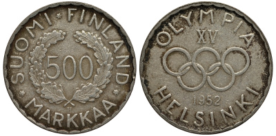 Финляндия 500 марок 1952 H, XV зимние Олимпийские игры в Хельсинки 1952 года KM 35 серебро 1517-1512