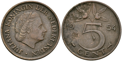 НИДЕРЛАНДЫ 5 ЦЕНТОВ 1954 ЮЛИАНА KM 181 бронза 95-313
