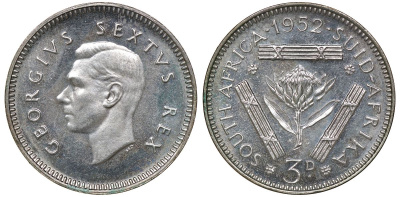 Южная Африка 3 пенса 1952 Георг VI (1937-1952) KM 35.2 серебро PROOF 1528-624