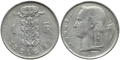 Бельгия 1 франк 1958 Belgie, Бодуэн I (1951-1993) KM 143.1 медно-никель 4388-426