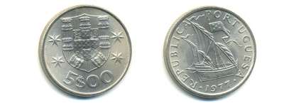 ПОРТУГАЛИЯ 5 ЭСКУДО 1977 ПАРУСНИК KM 591 медно-никель 176-243