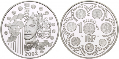 Франция 1 1/2 евро 2002 введение евро KM 1301 серебро PROOF 05-086-25
