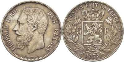 Бельгия 5 франков 1873 Леопольд II (1865-1909), позиция А KM 24 серебро 5010-1014