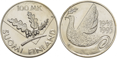 Финляндия 100 марок 1995 150 лет ООН, голубь мира KM 81 серебро UNC 01-148-35