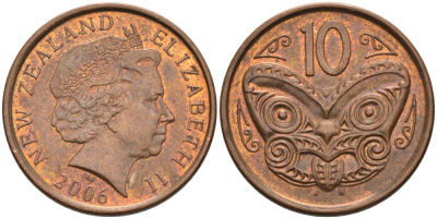 Новая Зеландия 10 центов 2006 маска Маори, Елизавета II (1952-) KM 117а сталь плакированная медью 175-1141