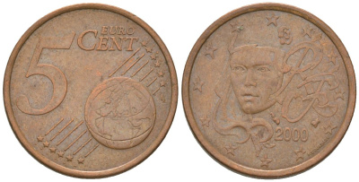 Франция 5 евроцентов 2000 KM 1284 сталь плакированная медью 4580-335