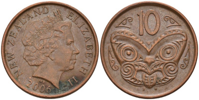 Новая Зеландия 10 центов 2006 маска Маори, Елизавета II (1952-) KM 117а сталь плакированная медью 186-1155