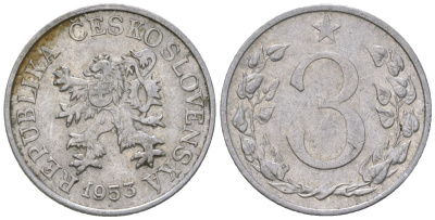 Чехословакия 3 геллера 1953 KM 36 алюминий 187-1255