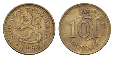 Финляндия 10 пенни 1963 KM 46 алюминиевая бронза 4617-536