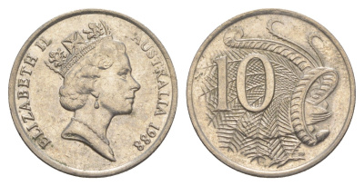 Австралия 10 центов 1988 Елизавета II (1952-2022), птица лирахвост KM 81 медно-никель aUNC 4384-121