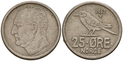 Норвегия 25 эре 1962 Улаф V (1958-1991), синица KM 407 медно-никель 4154-811