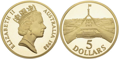 Австралия 5 долларов 1988 новое здание Парламента Австралии, в оригинальной коробке, с сертификатом, тираж 80000 экземпляров KM 102 алюминиевая бронза PROOF 7-5-1-20