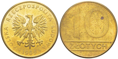 ПОЛЬША 10 ЗЛОТЫХ 1989 MW KM 152.2 латунь 4544-615