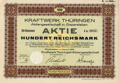 Германия 100 рейхсмарок 1929 АО Электростанция Тюрингии, акция   бумага   8801-109-1