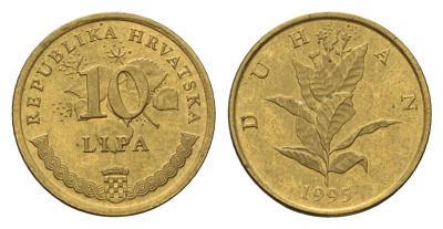 Хорватия 10 кун 1995 нечетный год KM 6 сталь плакированная латунью 4617-1269