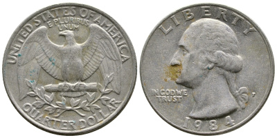 США 25 центов (квотер) 1984 P, Вашингтон KM А164а медь плакированная медно-никелем 4364-2242