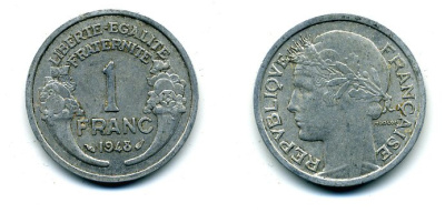ФРАНЦИЯ 1 ФРАНК 1948 ТИП MORLON, LEGERE KM 885a.1, LE FRANC 221.13 алюминий 37-856