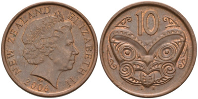 Новая Зеландия 10 центов 2006 Елизавета II (1952-2022), маска маори KM 117а сталь плакированная медью 117-121
