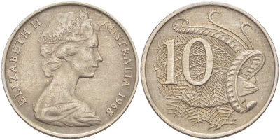 Австралия 10 центов 1968 Елизавета II (1952-), птица лирахвост KM 65 медно-никель 4382-923