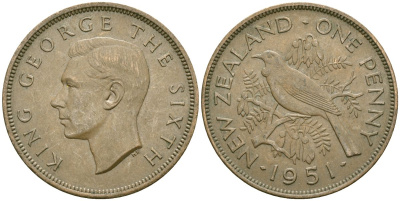 Новая Зеландия 1 пенни 1951 Георг VI (1936-1952), новозеландский туи KM 21 бронза 4536-421