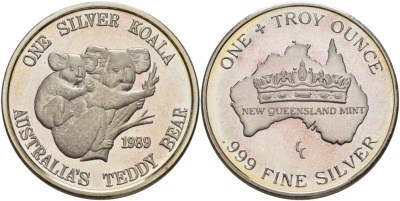Австралия 1 ТРОЙСКАЯ УНЦИЯ 1989 ОДНА СЕРЕБРЯНАЯ КОАЛА, ТРОЙСКАЯ УНЦИЯ, МОНЕТНЫЙ ДВОР НОВОГО КВИНСЛЕНДА серебро PROOF 00-00