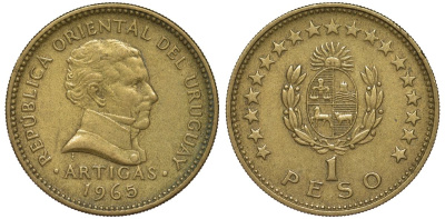 Уругвай 1 песо 1965 KM 46 алюминиевая бронза 34-841