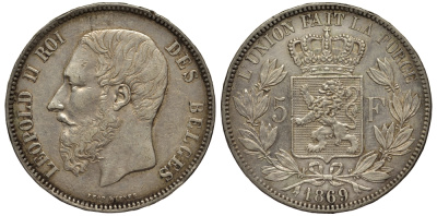 Бельгия 5 франков 1869 Леопольд II (1865-1909) KM 24 серебро    1530-935