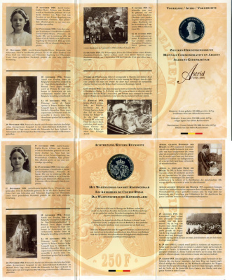 Бельгия 250 франков 1995 Belgie-Belgique, 60 лет со дня смерти королевы Астрид (1935-1995), в оригинальном буклете, в запайке  KM 199 серебро  PROOF  6-5-3-12