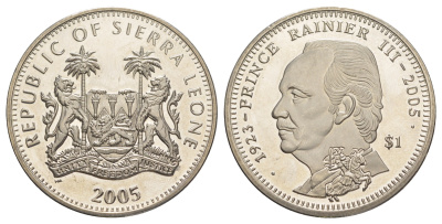 Сьерра-Леоне 1 доллар 2005 Смерть Принца Ренье III KM 345 медно-никель BU 00-1067-3-41