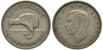 Новая Зеландия 1 флорин 1946 Георг VI (1936-1952), птичка киви KM 10.1 серебро 272-1633