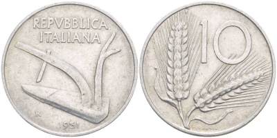 ИТАЛИЯ 10 ЛИР 1951 R, КОЛОСЬЯ, ПЛУГ KM 93 алюминий 4551-151