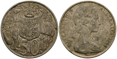 Австралия 50 центов 1966 Елизавета II (1952-2022), герб Австралии, кенгуру KM 67 серебро 4168-934