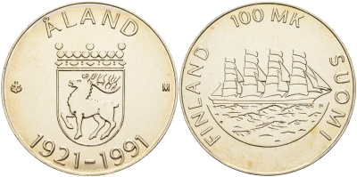 Финляндия 100 марок 1991 70 лет автономии Аландских островов, парусник KM 70 серебро UNC 1066-4-51