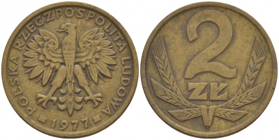 ПОЛЬША 2 ЗЛОТЫХ 1977 ЛЕНИНГРАДСКИЙ МОНДВОР KM 80.1 латунь 4548-513