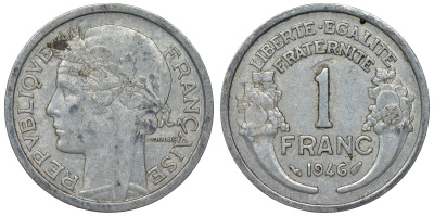 Франция 1 франк 1946 тип Morlon KM 885а.1, Le Franc 221.9 алюминий 4128-316