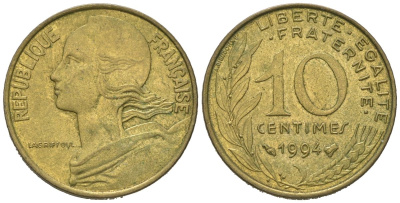 Франция 10 сантимов 1994 KM 929, Le Franc 144/33 алюминиевая бронза 4164-1153