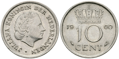 НИДЕРЛАНДЫ 10 ЦЕНТОВ 1960 ЮЛИАНА KM 182 никель 96-368