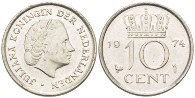 НИДЕРЛАНДЫ 10 ЦЕНТОВ 1974 ЮЛИАНА (1948-1980) KM 182 никель 116-465