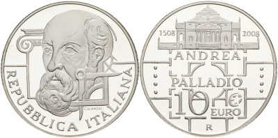 Италия 10 евро 2008 500 лет со дня рождения Андреа Палладио KM 305 серебро PROOF 06-281-14