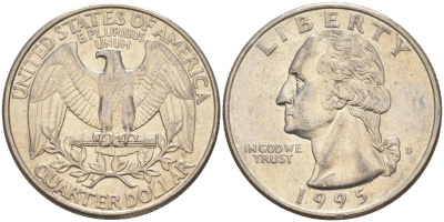 США 25 центов (квотер) 1995 D, Вашингтон KM A164a медь плакированная медно-никелем 4114-937