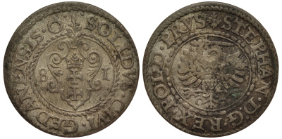 Данциг 1 шиллинг (шеляг) 1581 Стефан Баторий (1576-1586), вес 1,04 гр. серебро 1516-1532